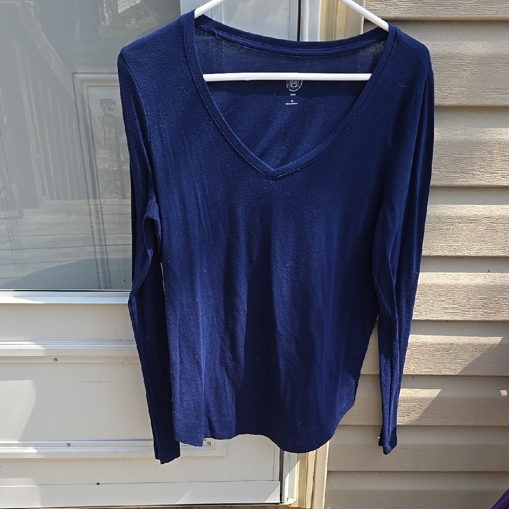 SO Navy V Neck Relaxed Fit Long Sleeve Top
